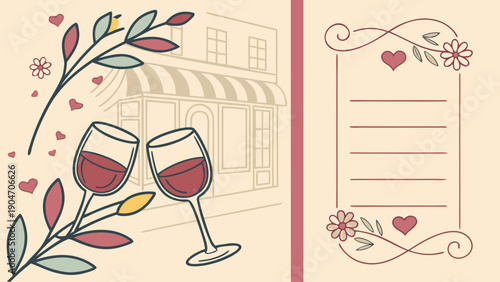 Romantic vintage illustration with wine glasses clinking and a blank menu frame for messages