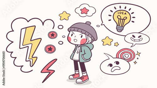 Cute cartoon character surrounded by creative thought bubbles and various symbols of ideas