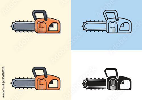 Flat vector chainsaw cartoon. Clean outline illustration of a power tool for wood cutting, lumberjack, forestry, construction, and equipment design use.