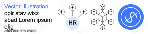 Recruitment, human resources, business hierarchy, finance, workflow, organizational structure. HR diagram with people icons, cube connection network and dollar symbol icon. Human resources
