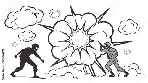 Two soldiers stand on either side of a large cloud like explosion in a black and white comic book style illustration with smoke clouds.