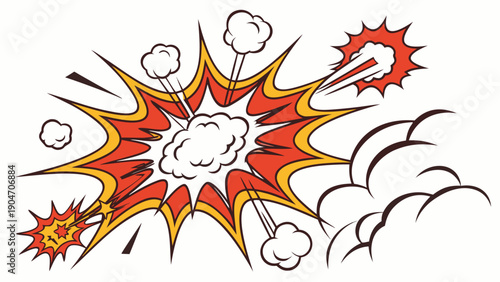 Comic book style explosion with red and yellow blast and white smoke clouds on white.