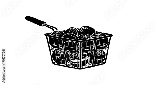 Black and white illustration of a wire basket filled with potatoes.