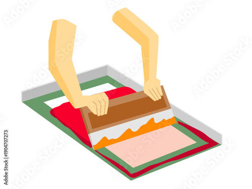 シルクスクリーン印刷を行う様子のイラスト｜Silkscreen Printing Process Illustration