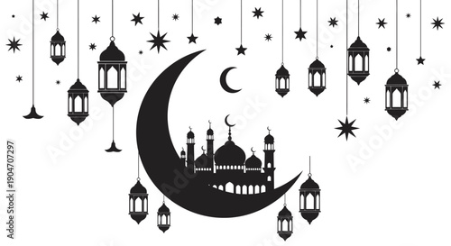 Black and white vector illustration of a Halloween city skyline with churches, mosques, temples, towers, and historic buildings in silhouette