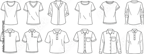 Women tops technical fashion sketch collection front view t shirt blouse polo shirt vector outline illustration apparel design template set
