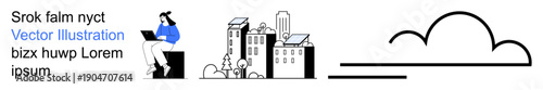 Remote work, urban lifestyle, technology, connectivity, cityscape, communication. A woman with a laptop next to buildings and a cloud symbol. Remote work and urban lifestyle concept
