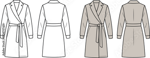 Women’s belted trench coat vector template, front and back views, minimalist fashion technical drawing, long sleeve outerwear apparel mockup