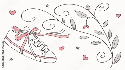 Whimsical hand drawn illustration of a white sneaker with pink laces and floral vine accents
