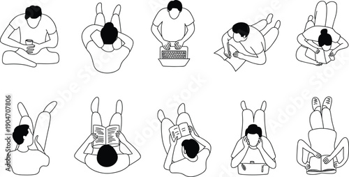 Top view people illustration set showing men sitting lying reading working and relaxing poses isolated on white background vector line art