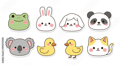 Cute cartoon animal faces frog rabbit puppy panda koala ducks cat