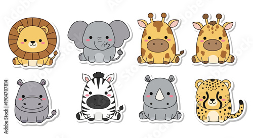 Cartoon safari animals set sitting isolated on white background