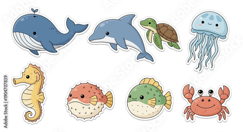 Photography Cartoon ocean animals stickers set for design and decoration isolated