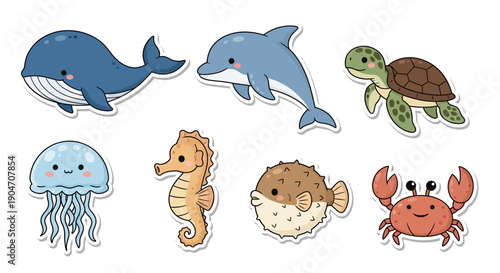 Cartoon ocean creatures whale dolphin turtle jellyfish seahorse fish crab
