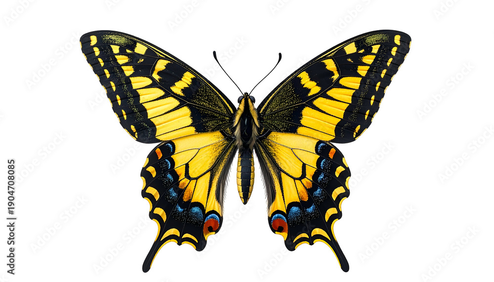 Fototapeta premium A vibrant butterfly with yellow, black, blue, and red wing patterns