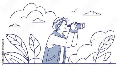 A young person using binoculars to observe nature and birdwatch in a peaceful outdoor setting.