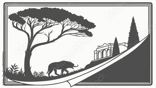 Black and white illustration of a bull walking in a landscape with a large pine tree and classical building