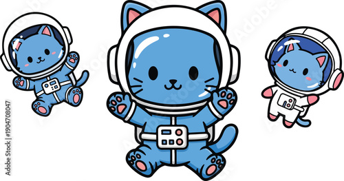 Adorable blue cartoon astronaut kittens floating in space wearing detailed white helmets and suits on transparent background