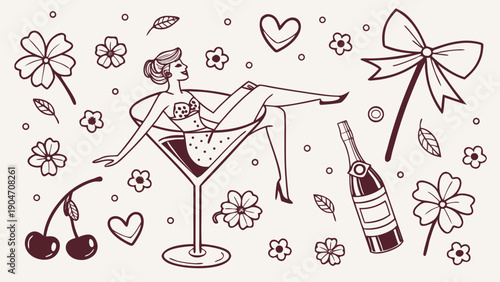 Elegant line art illustration of a woman relaxing in a martini glass with champagne and flowers.