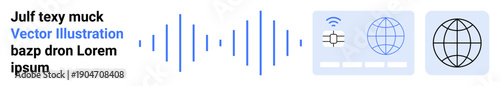 Audio technology, globalization, communication, media, internet, connectivity. Blue audio waveform with icons of a globe, signal and grid. Highlights communication and globalization concepts