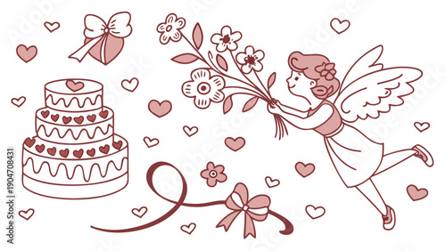 A cartoon angel girl floats while carrying a bunch of flowers next to a three-tier cake and scattered heart shapes on a white background.