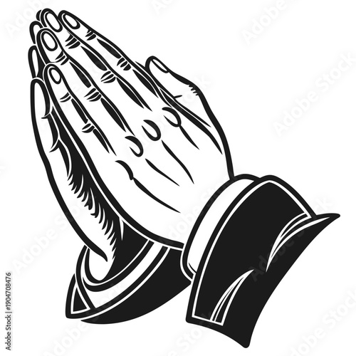 Praying hands in black and white illustration from a front viewpoint