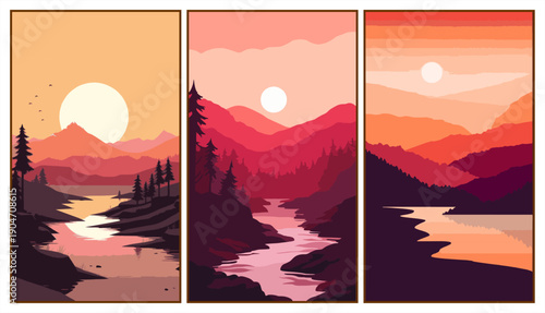 Modern abstract nature posters of mountains and river in vibrant sunset tones
