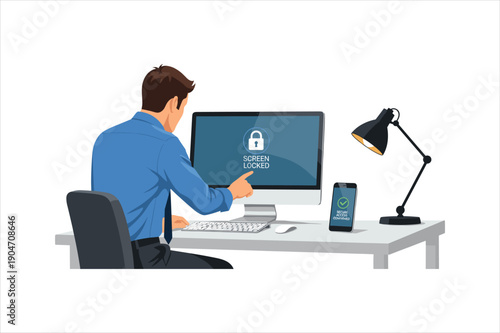 Man working on computer with locked screen and phone on desk isolated on transparent background