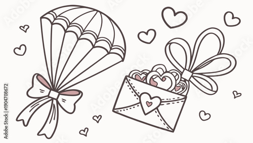 A bouquet of pink flowers shaped like a parachute and an open envelope overflowing with pink hearts are positioned against a plain background.