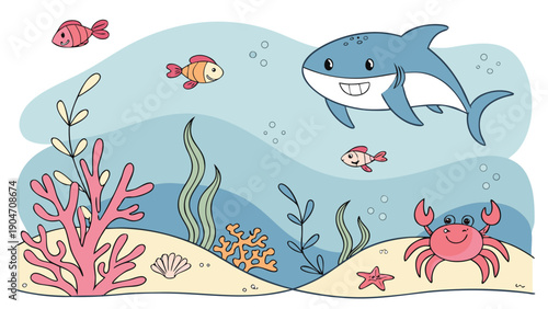 A large blue shark with a smile swims through blue water above a red crab and several small fish near colorful coral reefs.