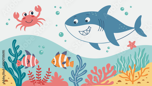 Colorful cartoon illustration of a friendly shark, a red crab, and tropical fish in the deep blue sea.