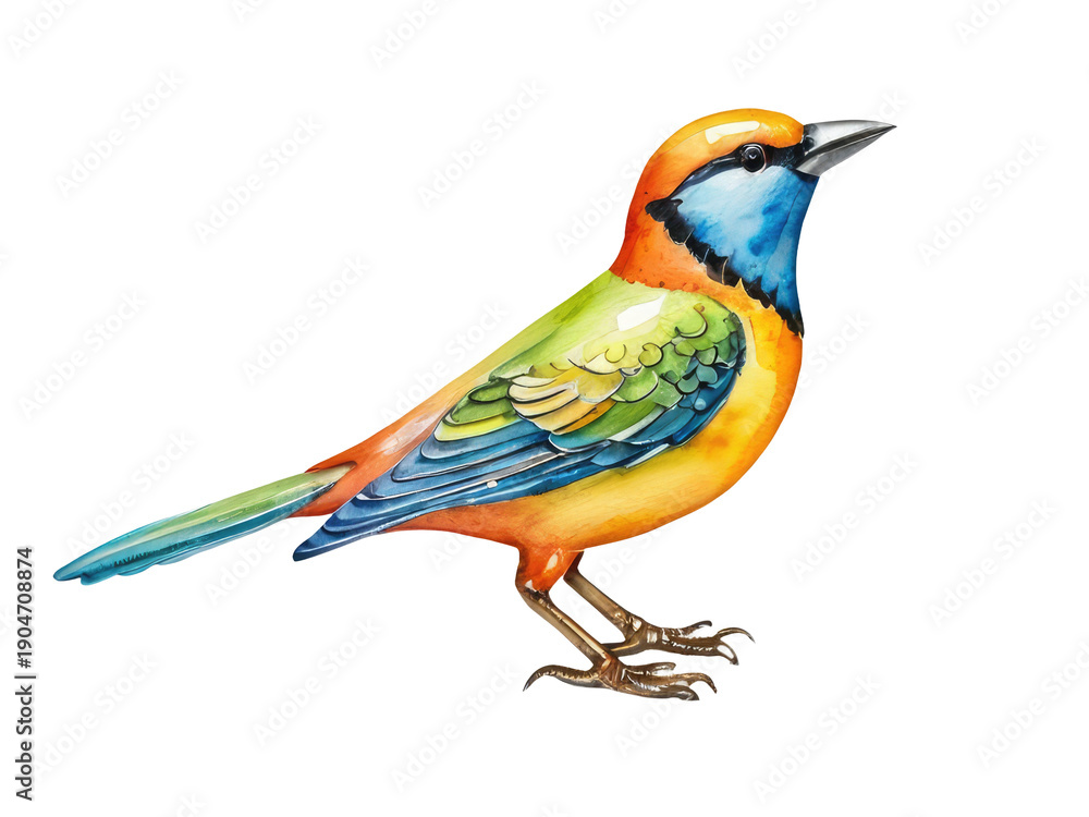Fototapeta premium A bright bird sits atop a white surface