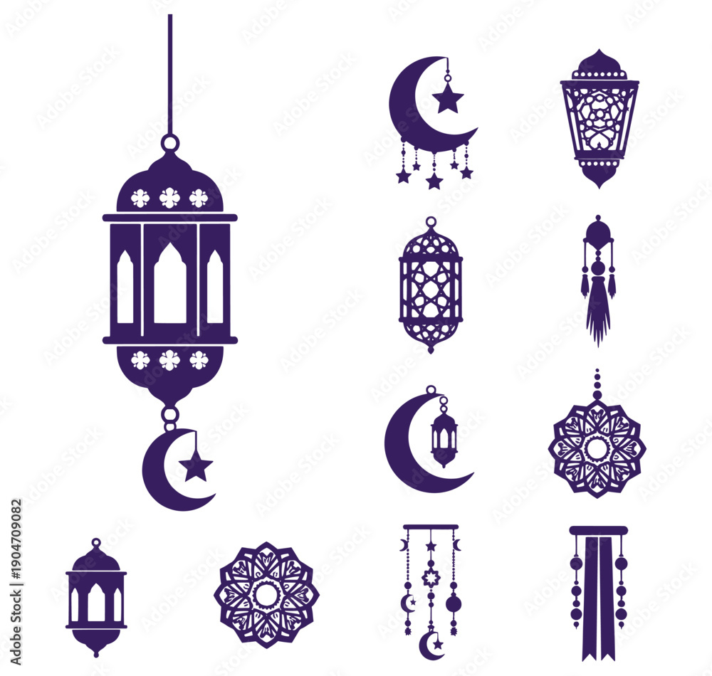 Naklejka premium Ramadan Kareem decorative elements with lanterns moons and stars