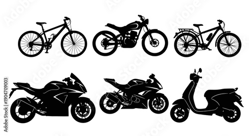 Silhouettes of bicycles and motorcycles in black