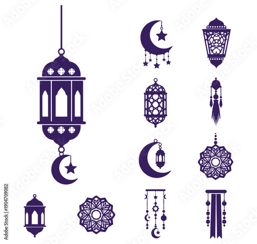 Ramadan Kareem decorative elements with lanterns moons and stars
