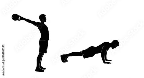 Men exercising with kettlebell and push-up in modern fitness routine