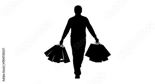 Silhouette of person walking with shopping bags in both hands