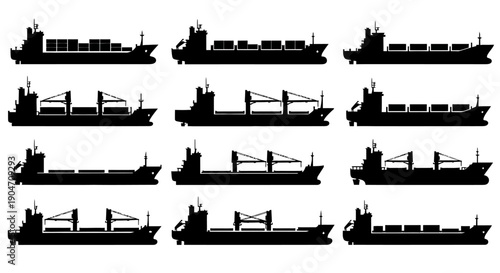 Silhouettes of various cargo ships and freighters in different poses