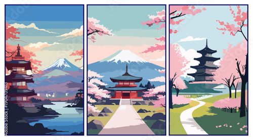 Mountain and Japan landscape triptych with Fuji, torii gates, and pine forests in flat vector retro style