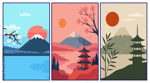 Mountain triptych collection featuring alpine landscapes, rivers, and Japanese landmarks in flat vector style