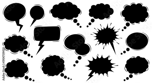 Collection of black comic book style speech bubbles and thought clouds