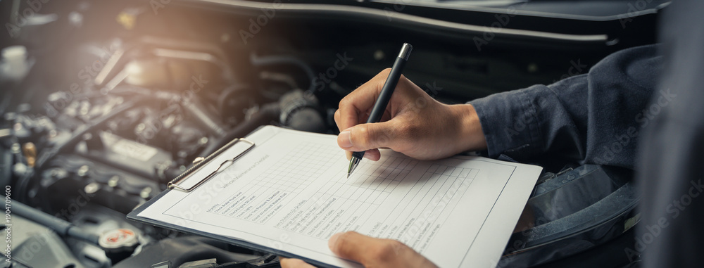 Obraz premium Auto check up and car service shop concept. Mechanic writing job checklist to clipboard to estimate repair quotation to client at workshop garage.