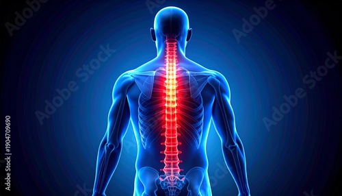 Digital illustration of the human spine viewed from the back, highlighted in red against translucent blue body, symbolizing spinal health and anatomy.