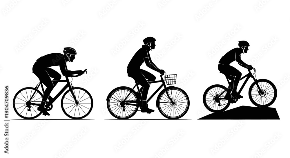 Fototapeta premium Silhouettes of cyclists riding bicycles in different positions