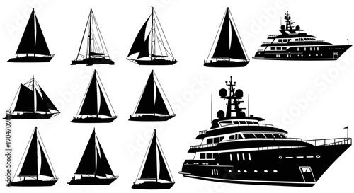 Silhouettes of sailboats and luxury yachts on calm waters