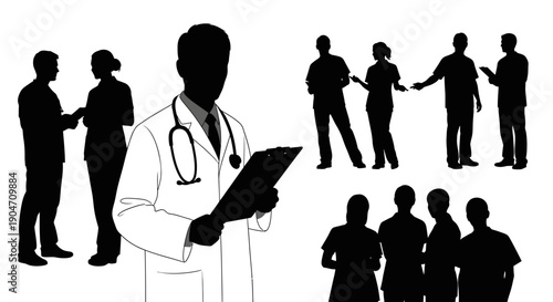 Medical professionals interacting in various healthcare settings