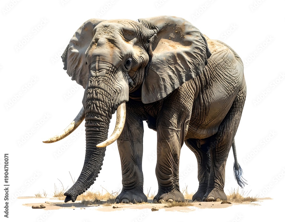 Fototapeta premium A majestic, large African mammal with long tusks stands, showcasing wrinkled gray skin. Its ears are prominent, with a white background