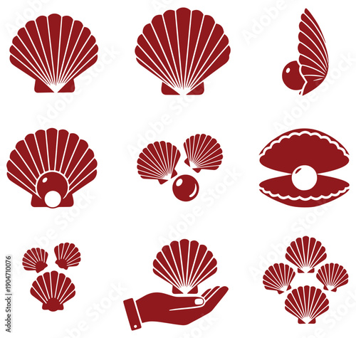 red scallop shells and oyster shells with pearl icons  various marine mollusk silhouettes