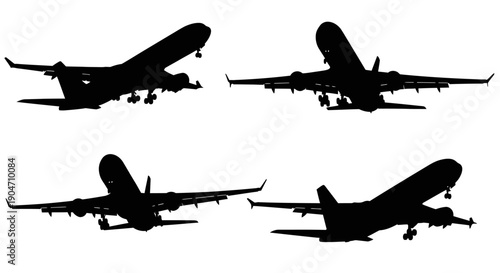 Silhouettes of airplanes taking off in various positions