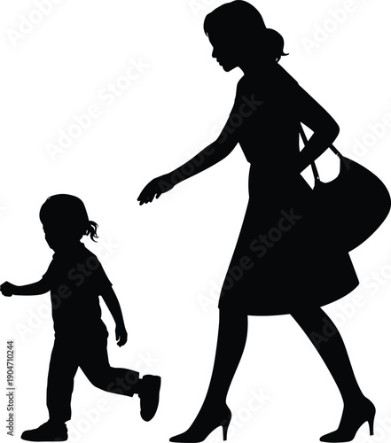 Mother chasing child silhouette running together isolated on white background concept of parenting care protection family lifestyle